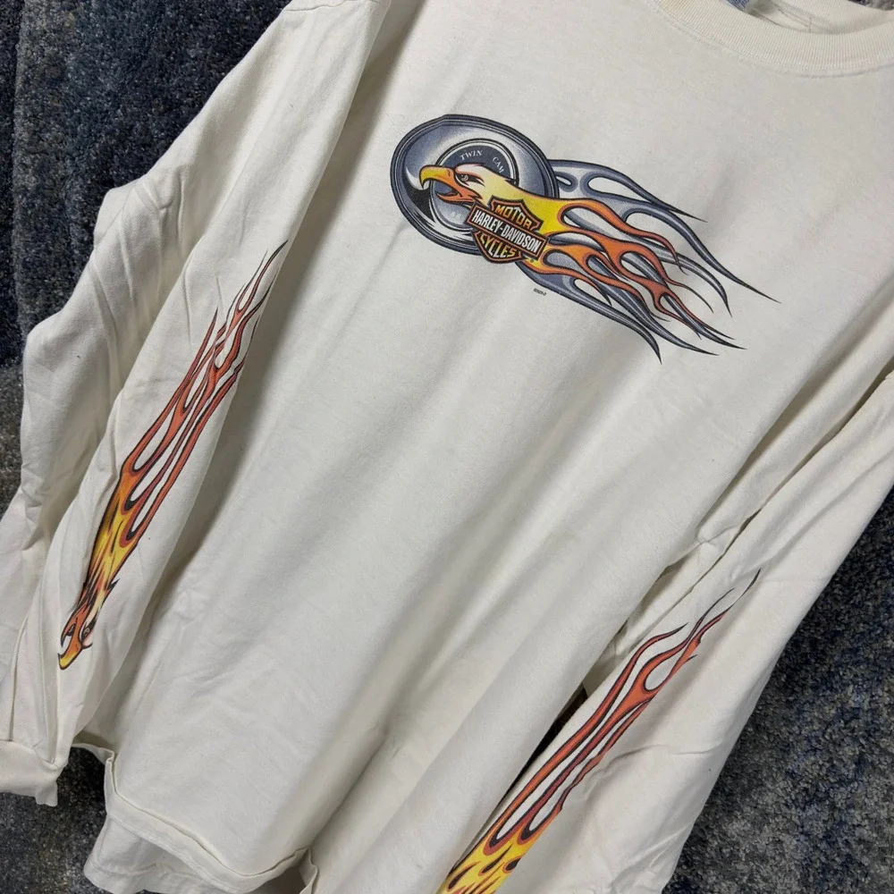 Vintage Harley-Davidson Long Sleeve Shirt Mens XXL Cream 2002 Flame Eagle Biker